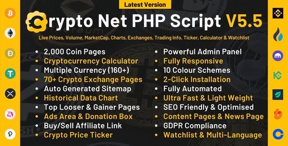 Crypto Net v5.5 - CoinMarketCap, Prices, Chart, Exchanges, Crypto Tracker, Calculator & Ticker PHP Script