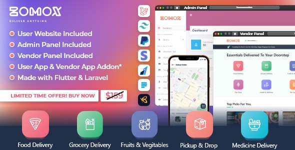 Zomox v2.1 - Grocery, Food, Pharmacy Courier & Service Provider + Backend + Driver app