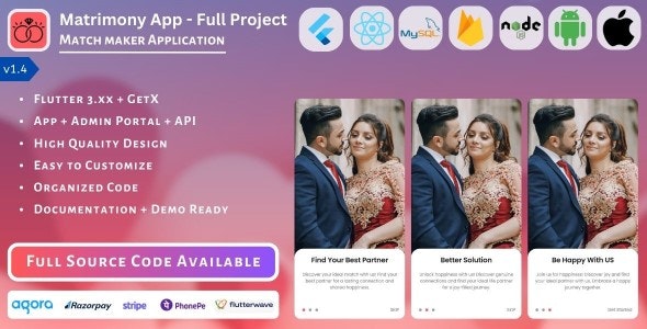 Matrimony App v1.3 - Match Maker - Full Project (Mobile App, Admin Panel, API, Database)